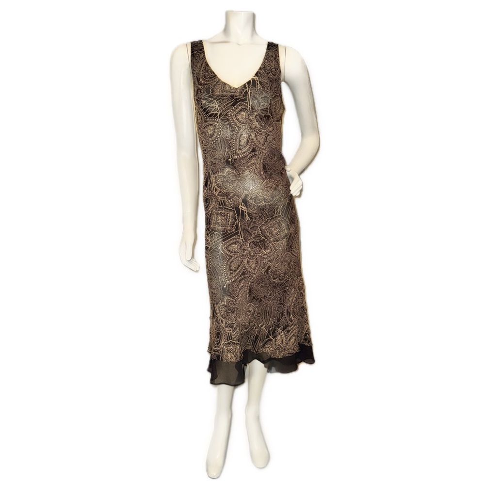 👗🌿 ICE Vintage 90s Boho Glam Mesh-Hem Silk Midi Dress | Black Gold Paisley | 10